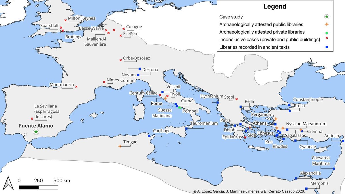 Mapa del Imperio Romano con localización arqueológica de bibliotecas públicas y privadas, junto a espacios que en su día fueron propuestos como tales y han sido descartados por estudios posteriores. (Autor: Antonio López García)