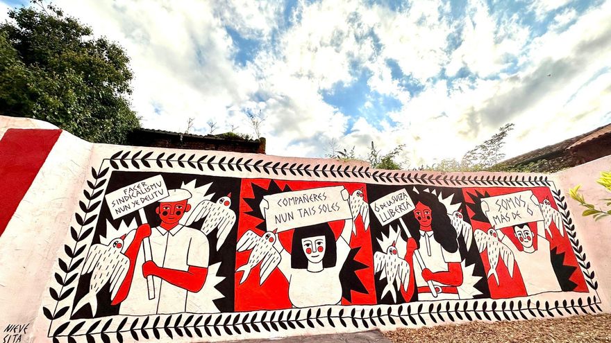 Un mural en Mieres en solidaridad con 'Las seis de La Suiza'