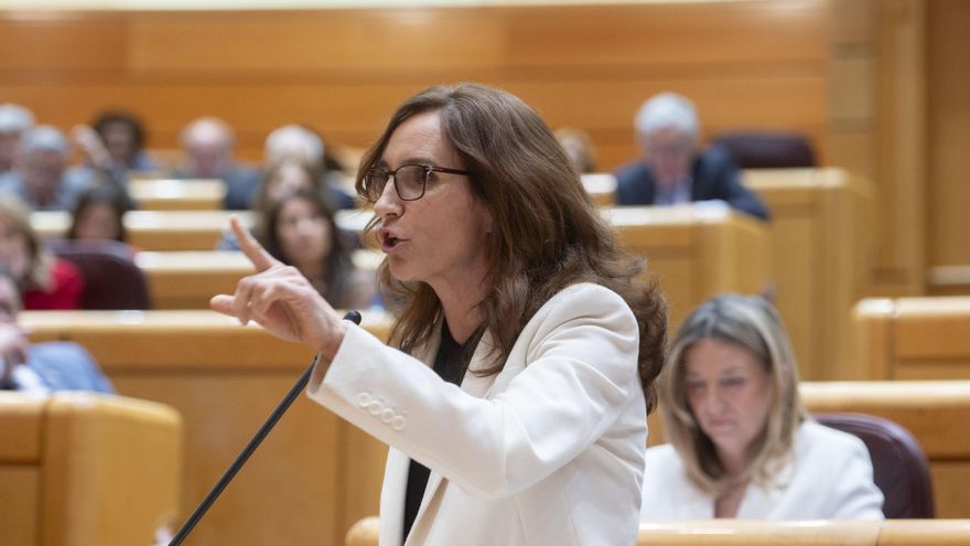 La ministra de Sanidad, Mónica García, interviene durante una sesión de control en el Senado, a 8 de abril de 2025, en Madrid (España).