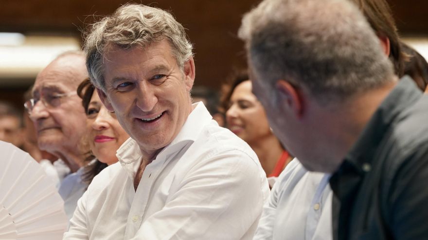 El líder del PP, Alberto Núñez Feijóo, participa este domingo un acto de partido en defensa de "la democracia", a 15 de junio de 2025 en Málaga (Andalucía, España).  El líder del PP, Alberto Núñez Feijóo, y el presidente del PP andaluz y de la Junta, Juan