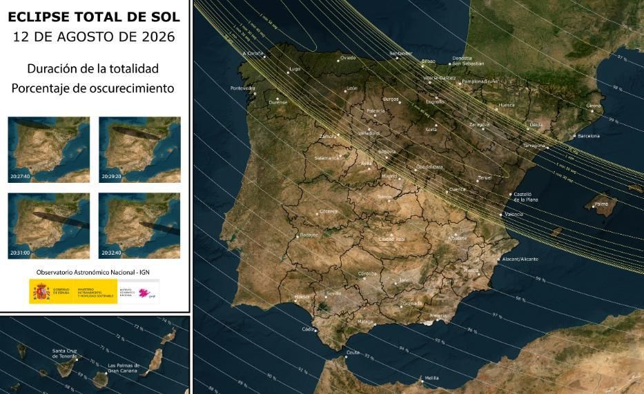 Eclipse total de Sol el 12 de agosto de 2026. Solo se verá en una franja concreta de la península ibérica. Entre las zonas donde la observación será óptima está la provincia de Guadalajara