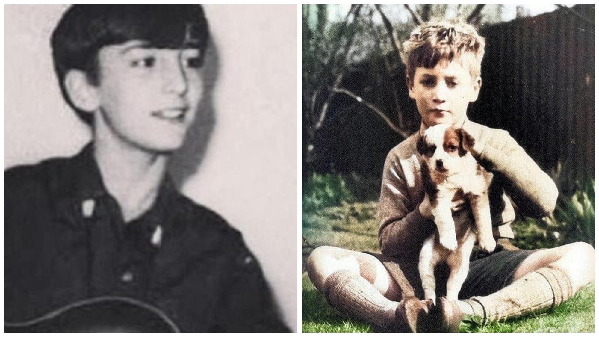 Dos fotografías de John Lennon de niño, con una guitarra y con una mascota.