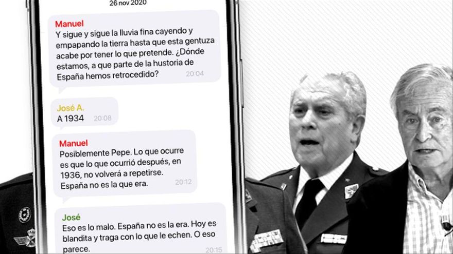 Beca y Gómez Mira, dos de los más activos del grupo, junto a algunos de los mensajes intercambiados por sus compañeros de chat.