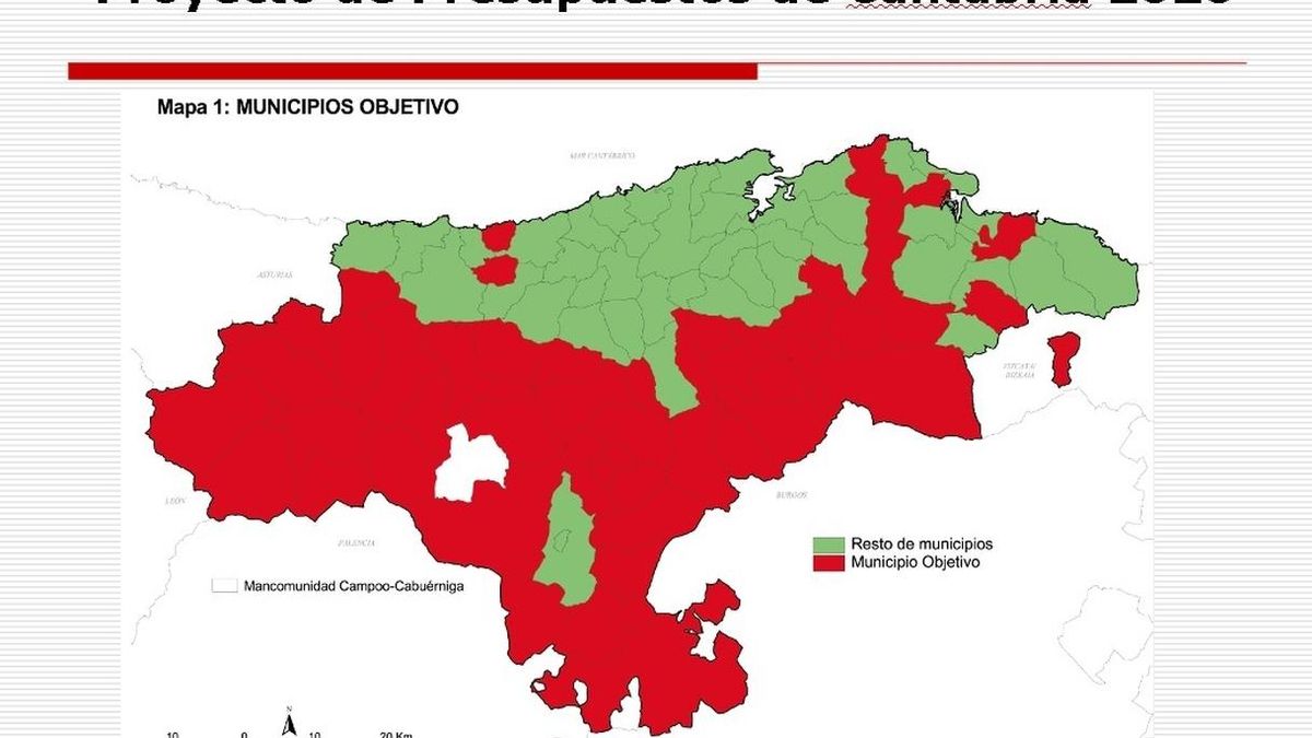 Gráfico de los municipios con riesgo de despoblación en Cantabria (en rojo) recogido en el proyecto de Presupuestos 2020.