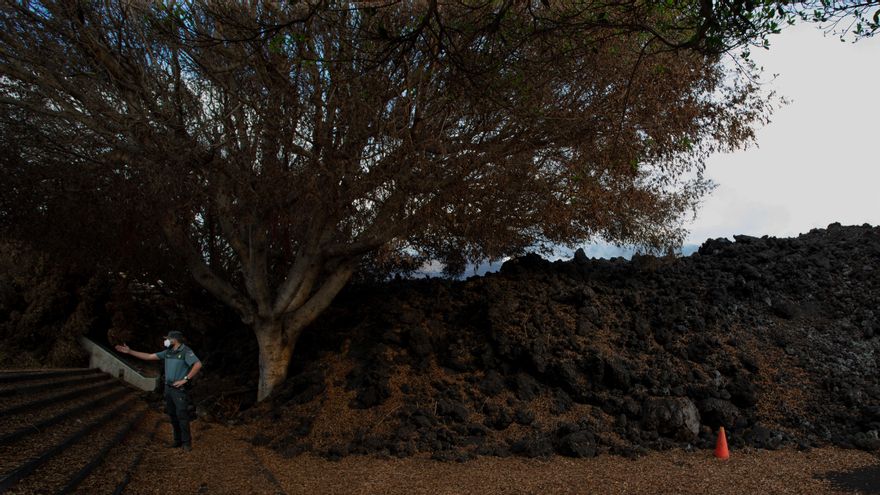 Un agente de la Guardia Civil controla el perímetro de seguridad frente a la colada del cruce de La Laguna