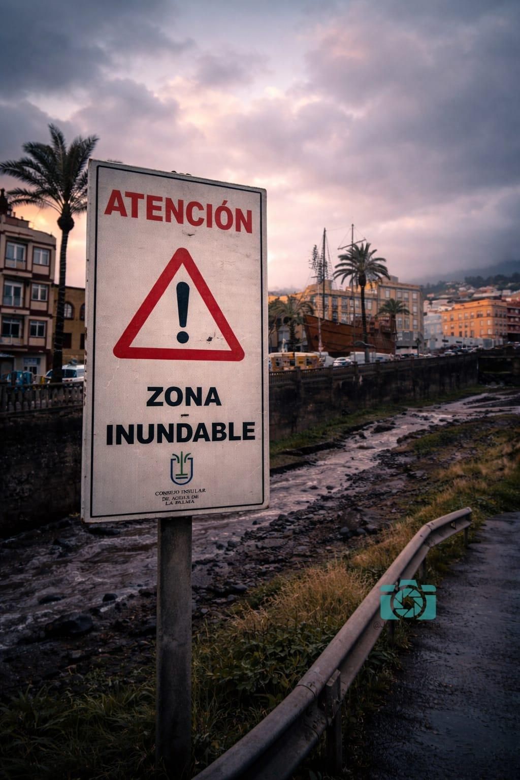 Barranco de Las Nieves, en el tramo urbano de Santa Cruz de La Palma, con caudal en la mañana de este miércoles.