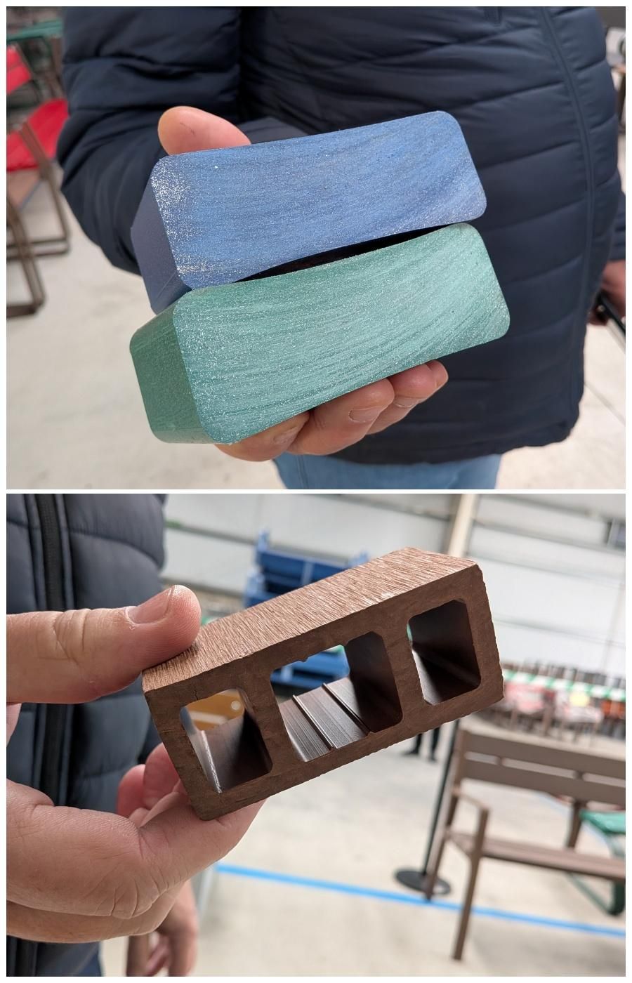 Sección de algunas de las tablas con polímeros o recicladas que forman parte de los nuevos bancos de Madrid