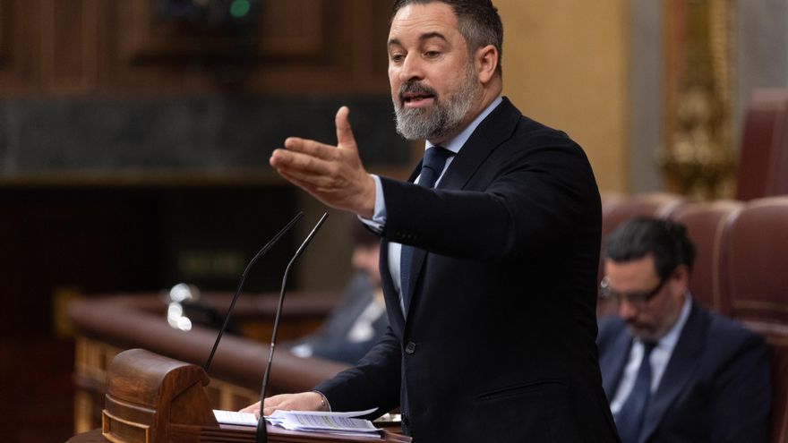 Archivo - El presidente de VOX, Santiago Abascal, interviene durante una sesión plenaria en el Congreso de los Diputados, a 26 de marzo de 2025, en Madrid (España).