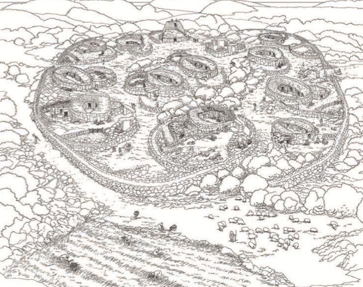 La ilustración muestra las características definitorias de un poblado talayótico amurallado