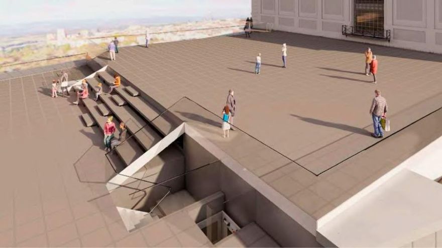 Render de las nuevas cubiertas fotovoltaicas y transitables para el tejado del Teatro Real.