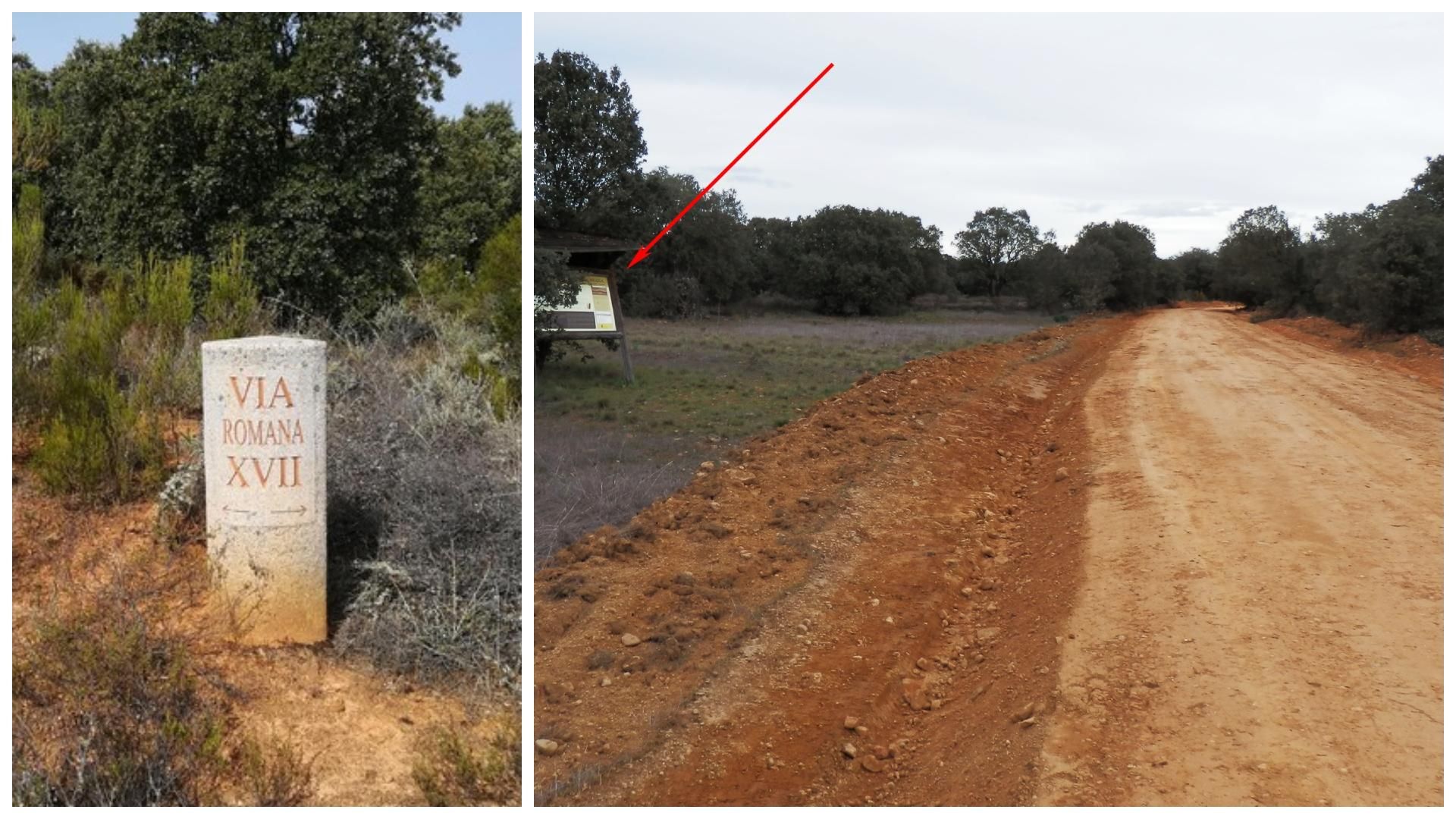 Hito de la calzada romana en Castrocalbón y camino ejecutado ahora sobre ella, a pesar de la señalización existente.