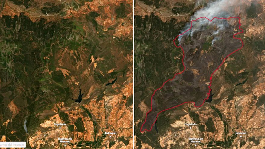 El antes y el después del incendio de La Mierla visto desde el satélite