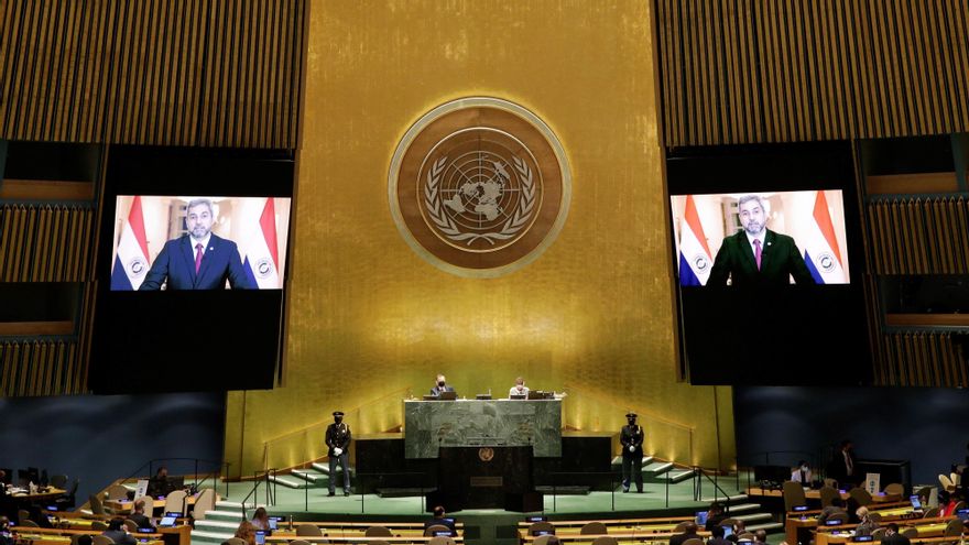 El presidente de Paraguay, Mario Abdo Benítez por medio de una grabación durante la Asamblea General de la ONU. EFE/EPA/JOHN ANGELILLO / POOL