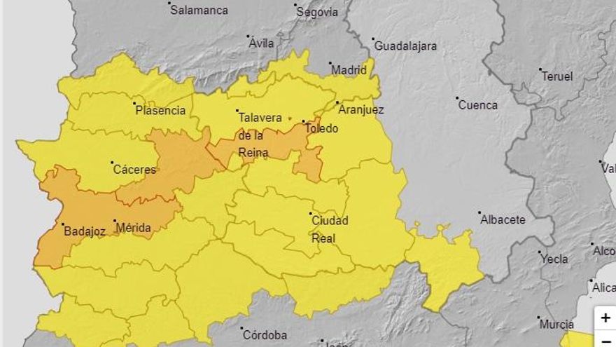 Mapa de la Agencia Estatal de Meteorología con avisos naranja y amarillo por lluvia en Castilla-La Mancha debido al paso de la borrasca Efraín