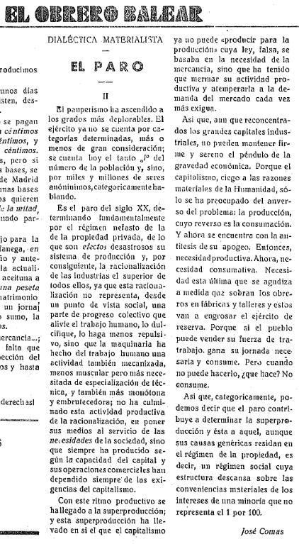 Uno de los artículos publicados por Josep Comes en 'El Obrero Balear'