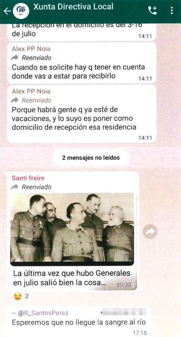 Captura del grupo de whatsapp de la Xunta Directiva Local del PP de Noia, con el mensaje del entonces alcalde, Santiago Freire, alabando el golpe de Estado de Franco