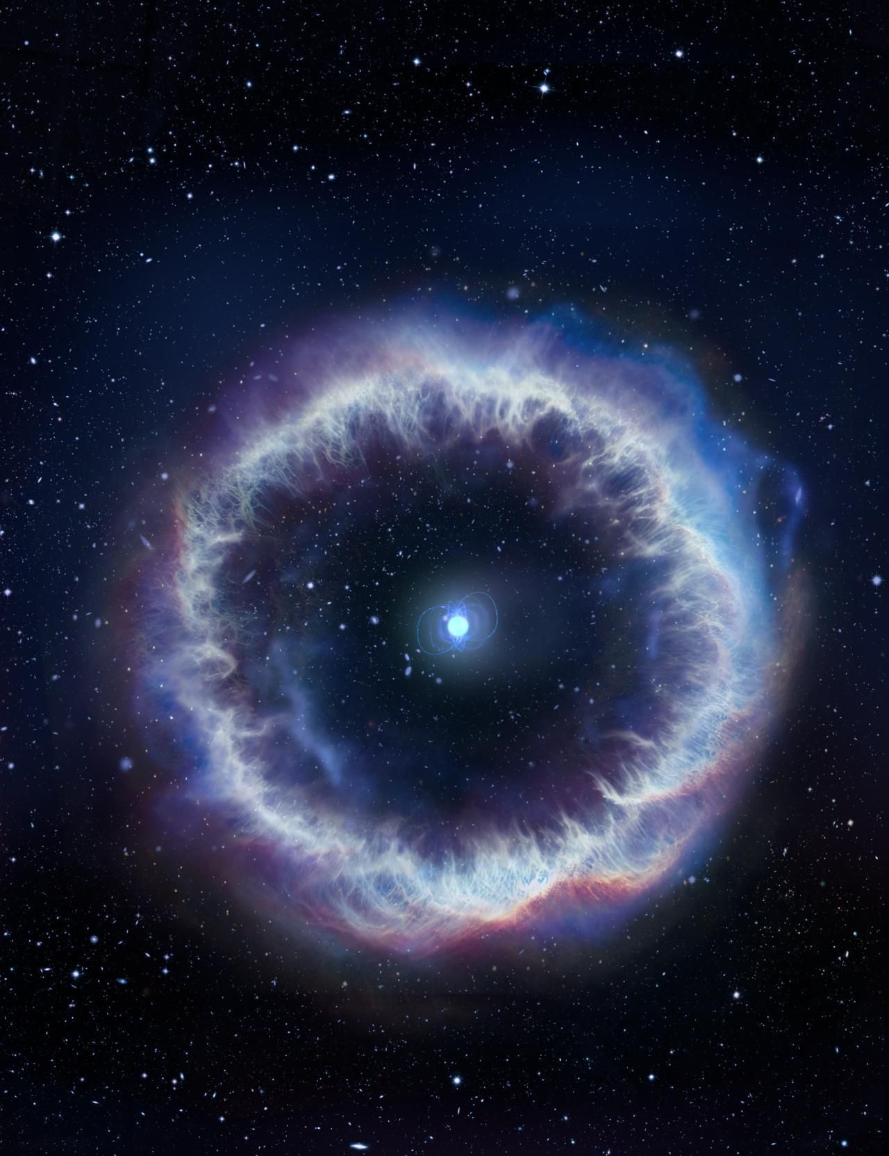 Representación artística de un magnetar rodeado por la nebulosa responsable de la emisión radio asociada a algunas ráfagas rápidas de radio (FRB) Crédito: "US NSF/AUI/NSF NRAO S. Dagnello".