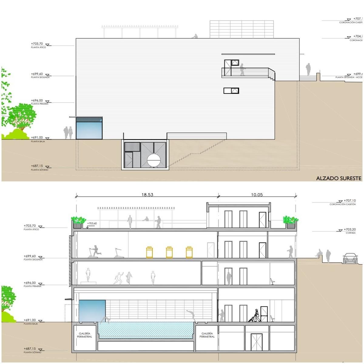 Alzado sureste y sección del edificio para el gimnasio en el Paseo de la Dirección