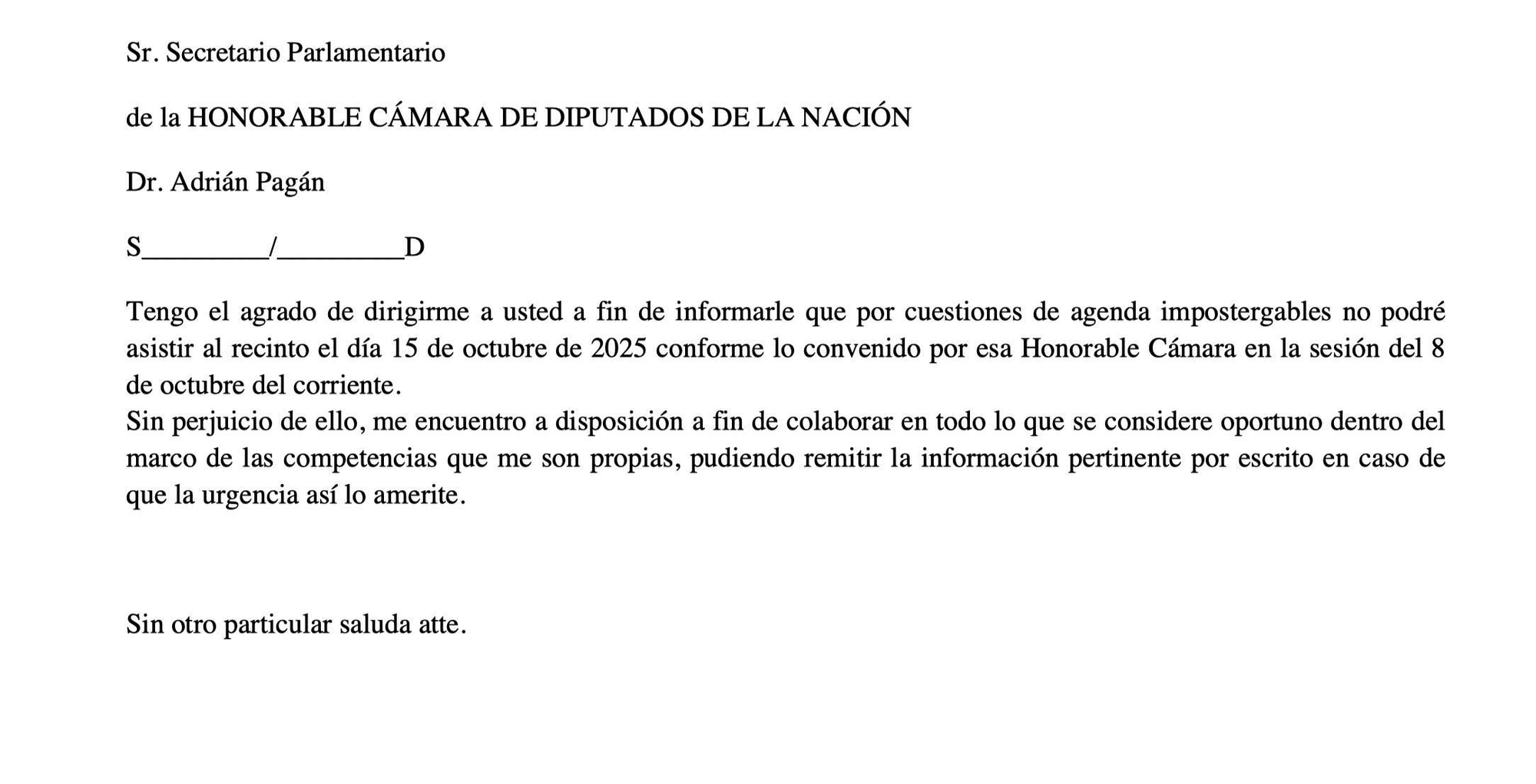 El escrito de Mario Lugones para ausentarse de la interpelación en Diputados.