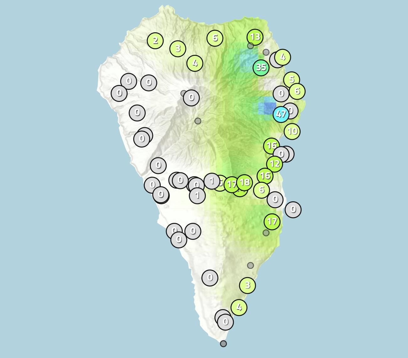 Mapa de Apalmet  con la lluvia registrada este martes, 27 de febrero, hasta las 12.15 horas, en diferentes puntos de La Palma.