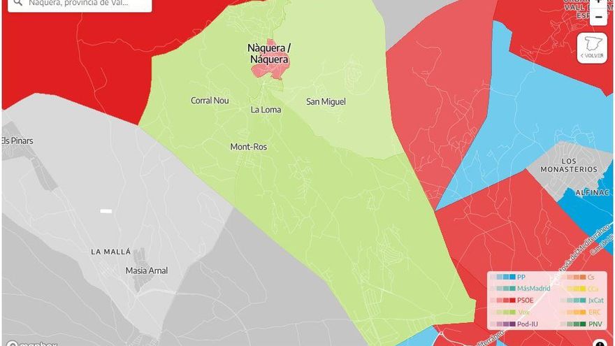 Diferencia de voto entre el casco urbano, de mayoría socialista, y el resto de las secciones censales en Nàquera, Valencia.