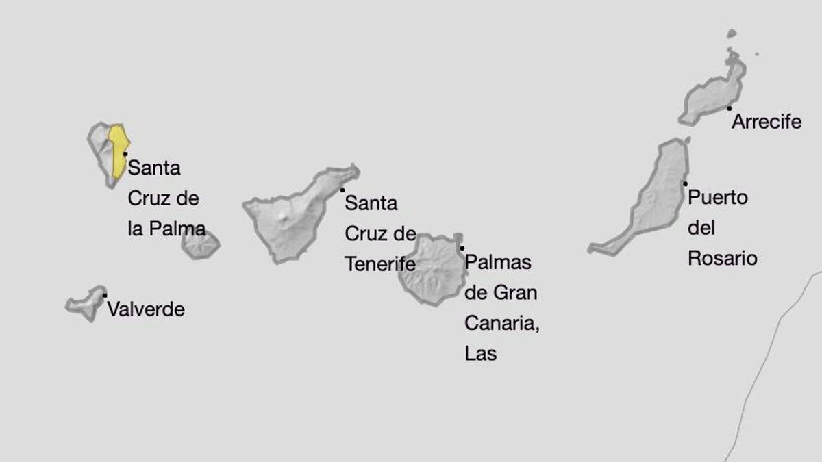 Mapa de la Aemet del aviso por lluvias en el este de La Palma.