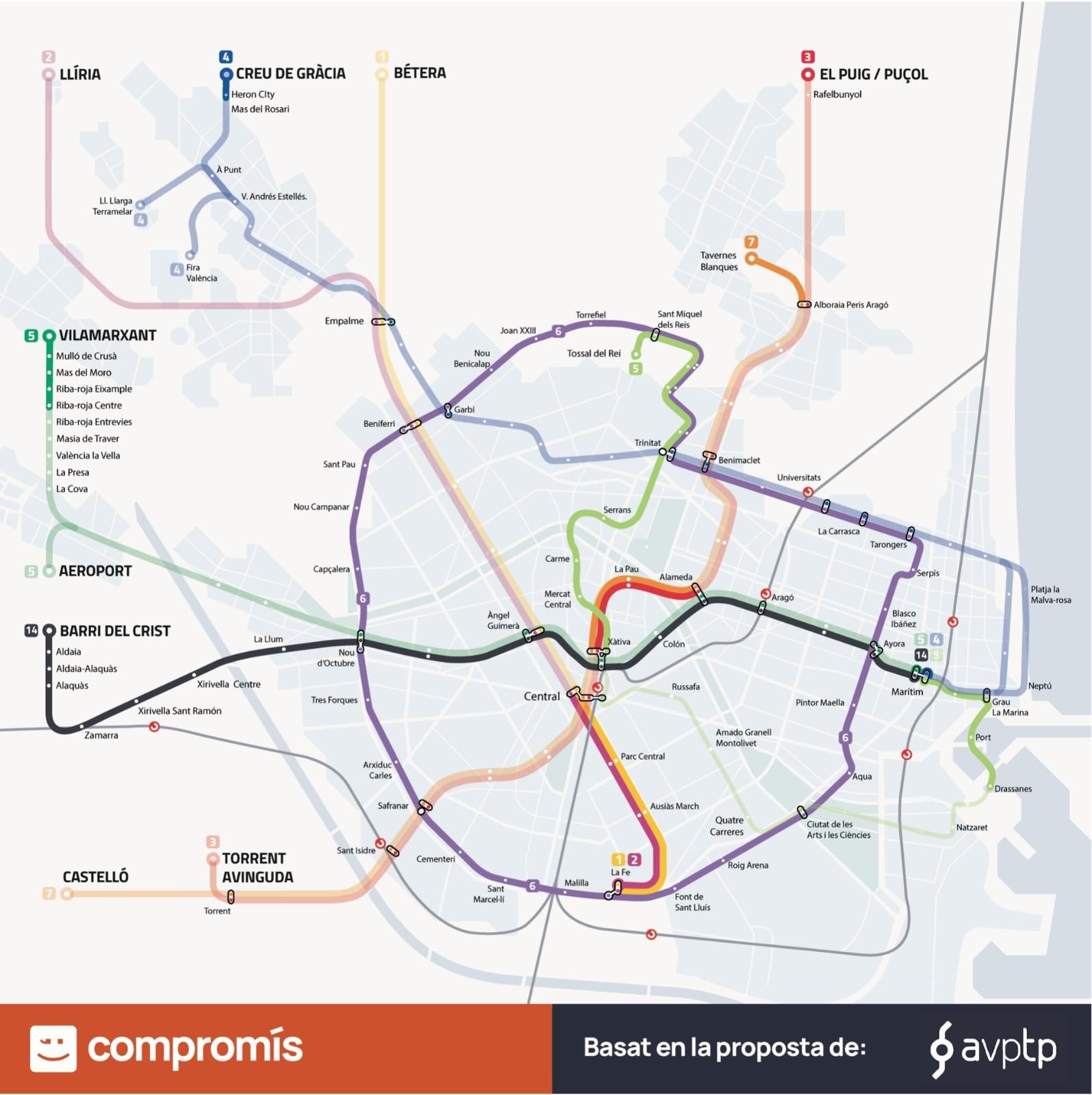 Propuesta de Compromís para extender la red de metro y tranvía en el área metropolitana de Valencia.