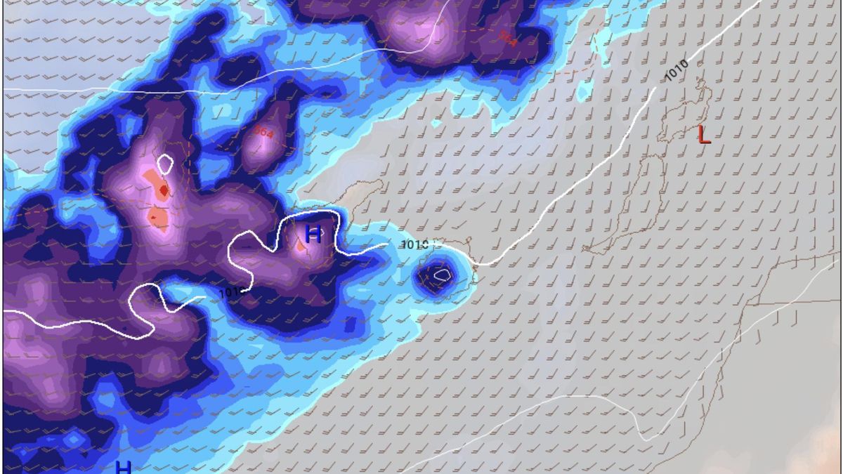 Llegada de la borrasca Claudia a Canarias. Mapa de la previsión para este jueves.