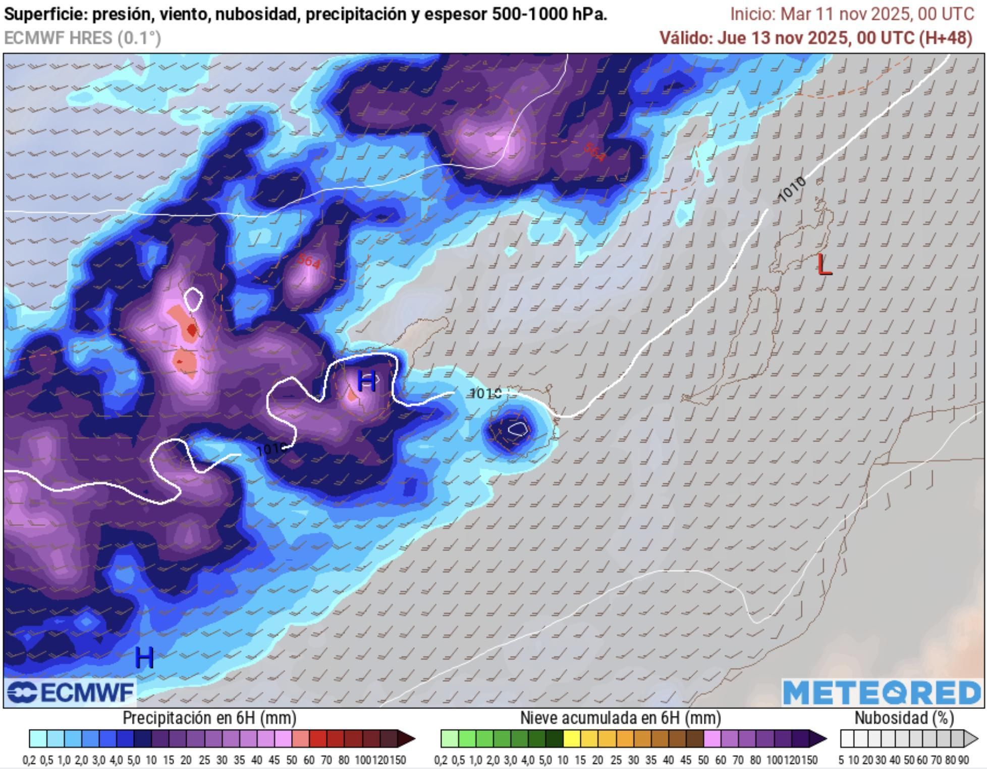 Llegada de la borrasca Claudia a Canarias. Mapa de la previsión para este jueves.