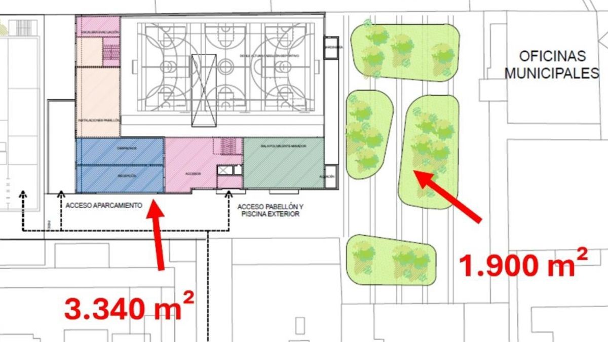 Distribución del pabellón multideporte con piscina (izquierda) y jardín público (derecha), según el anteproyecto del Ayuntamiento