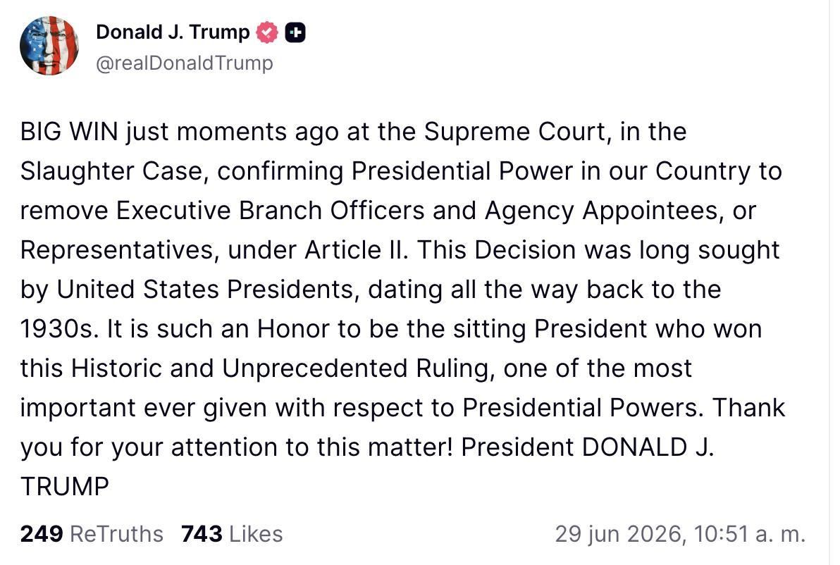 Truth Social de Trump sobre el caso Slaughter.