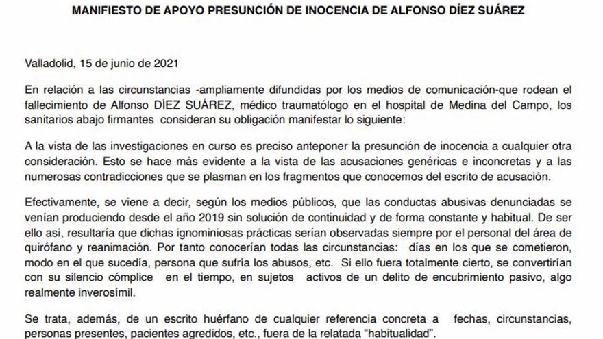 Manifiesto de apoyo al médico investigado.
