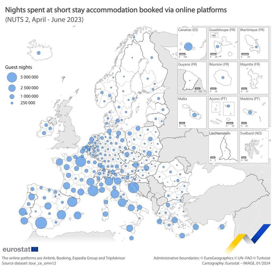 Mapa de Eurostat de las regiones con más alquileres turísticos.