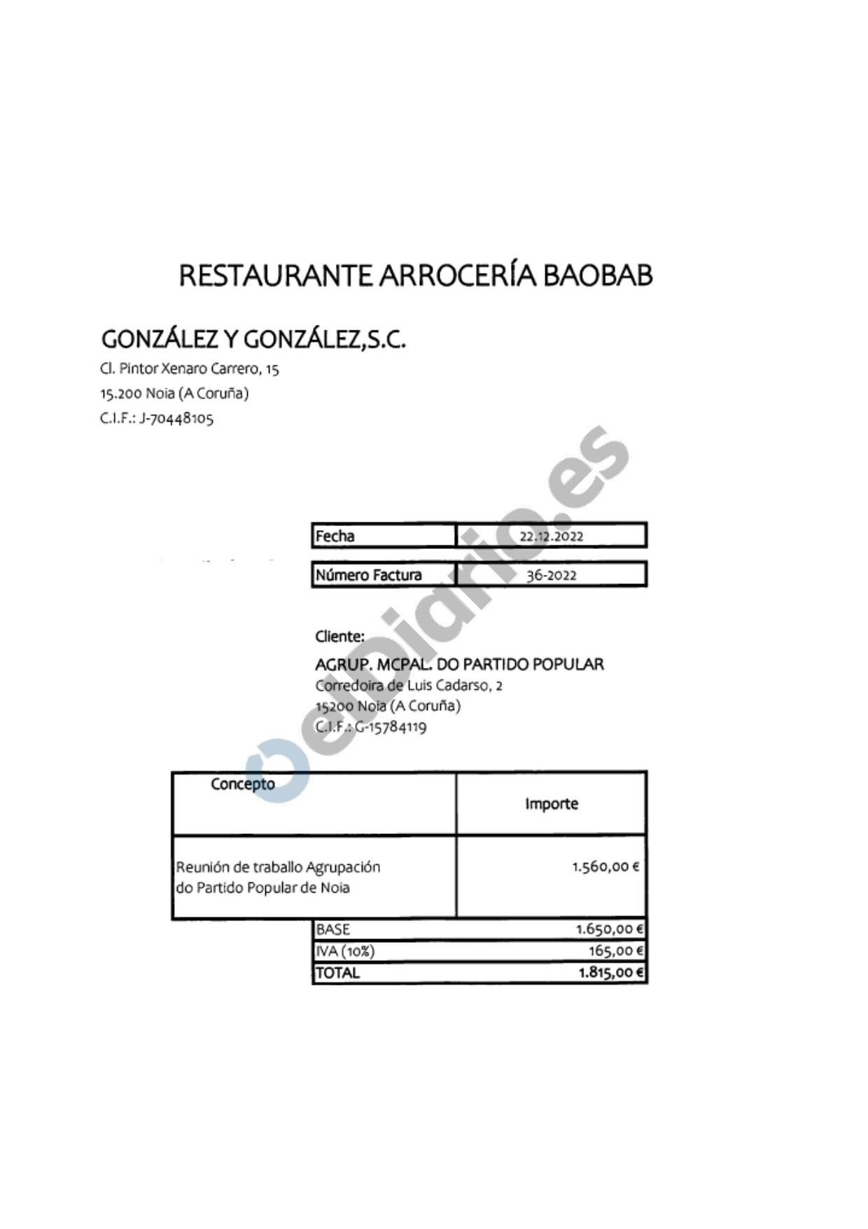 Factura de una "reunión de trabajo de la agrupación del PP de Noia" el 22 de diciembre de 2022.