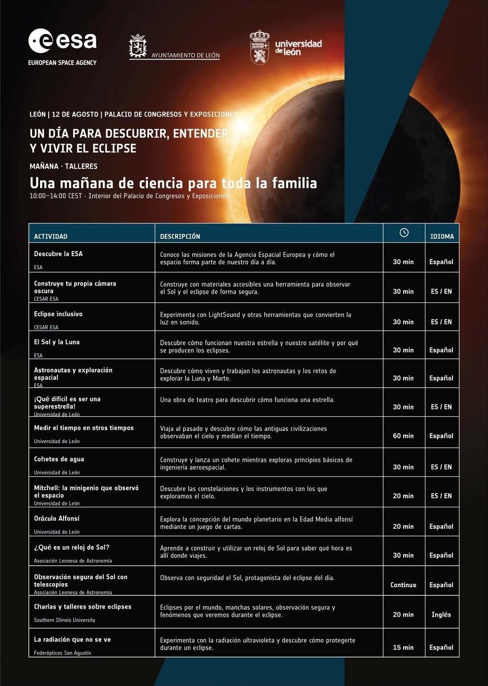 Eventos organizados en León por la Agencia Espacial Europea el 12 de agosto con motivo de eclipse.