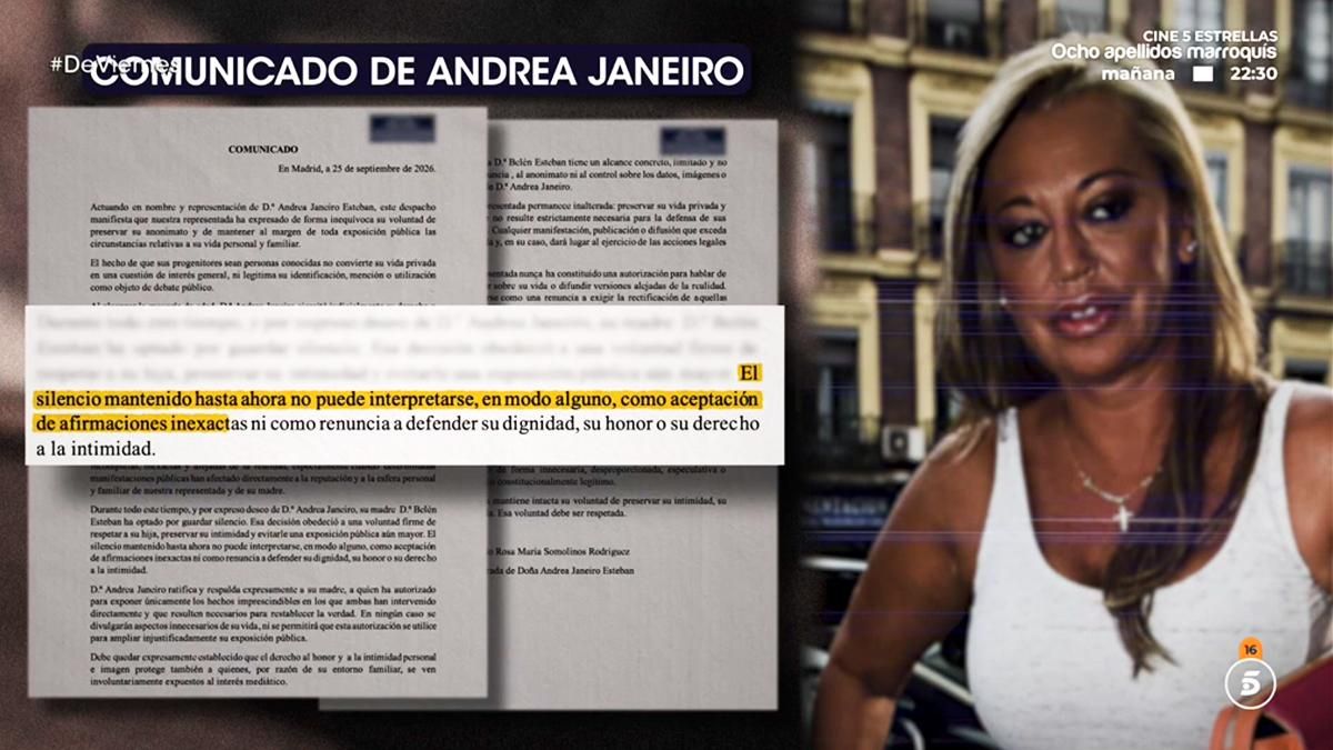 Andrea Janeiro envía un comunicado a 'De Viernes' para blindar su anonimato y "autorizar" la entrevista de Belén Esteban