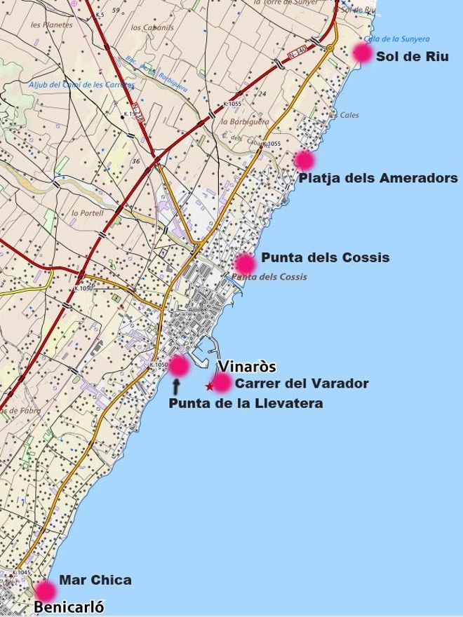 Ubicació dels fortins de defensa de costa que encara sobreviuen actualment en Vinaròs i Benicarló.
