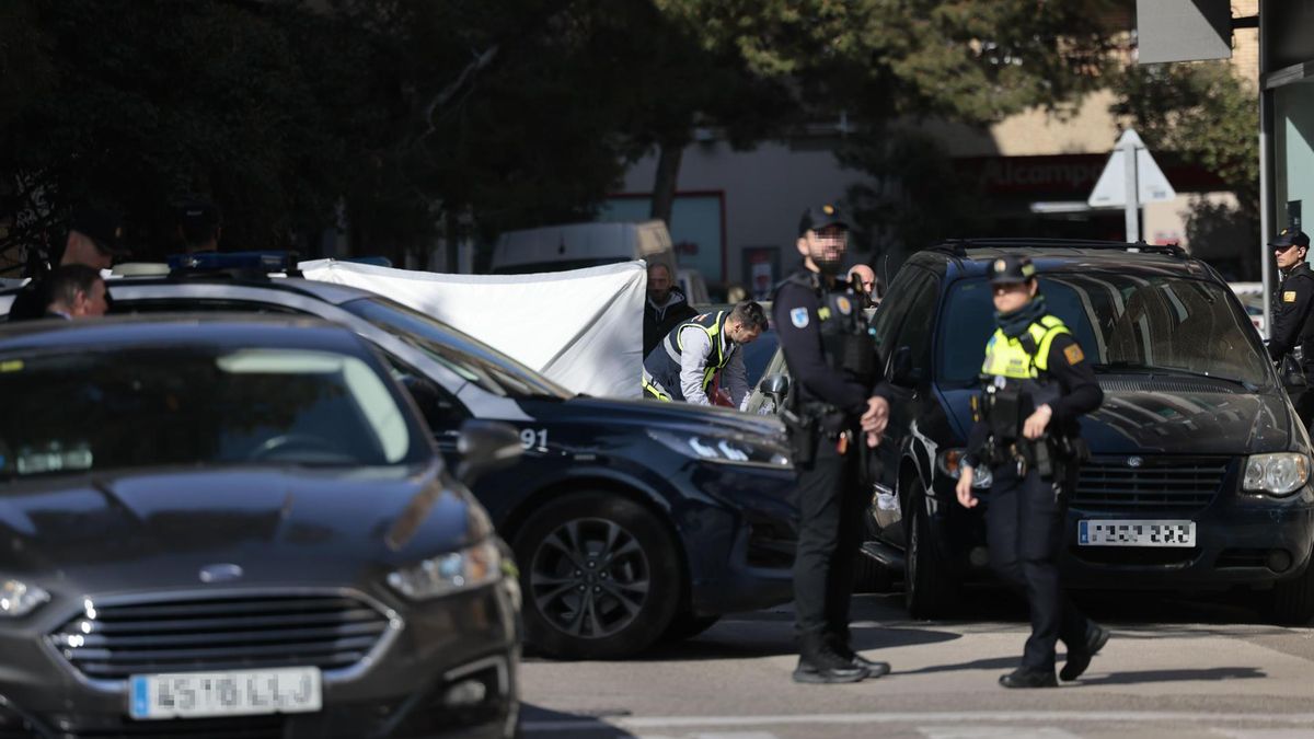 Agentes de la Policía Nacional y de la Policía Local de Zaragoza, en el lugar donde se ha producido el presunto crimen machista, en el barrio de Las Fuentes de la capital aragonesa.