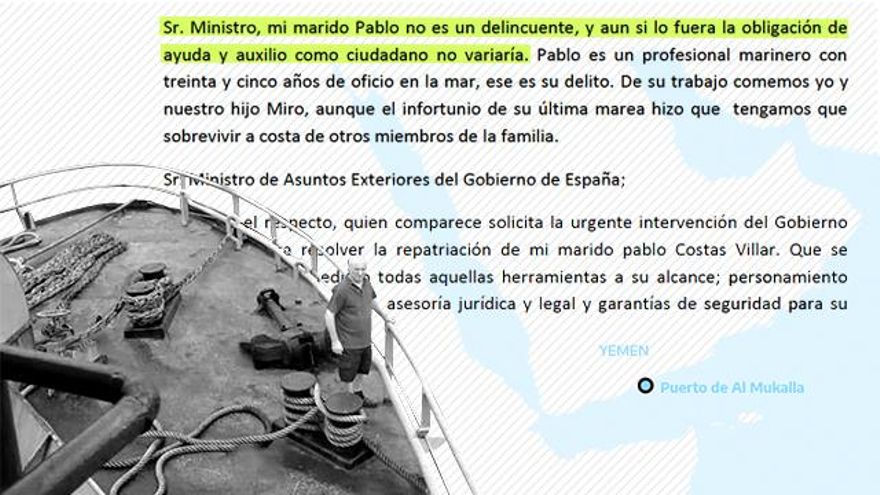 La carta desesperada de la mujer del marinero atrapado en Yemen al ministro: "Mi marido tiene derecho a ayuda"