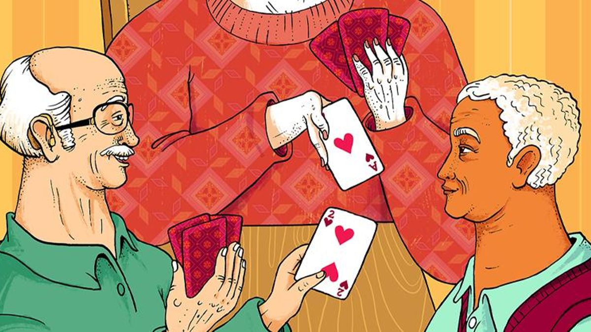 Una ilustración que muestra personas mayores jugando a las cartas.