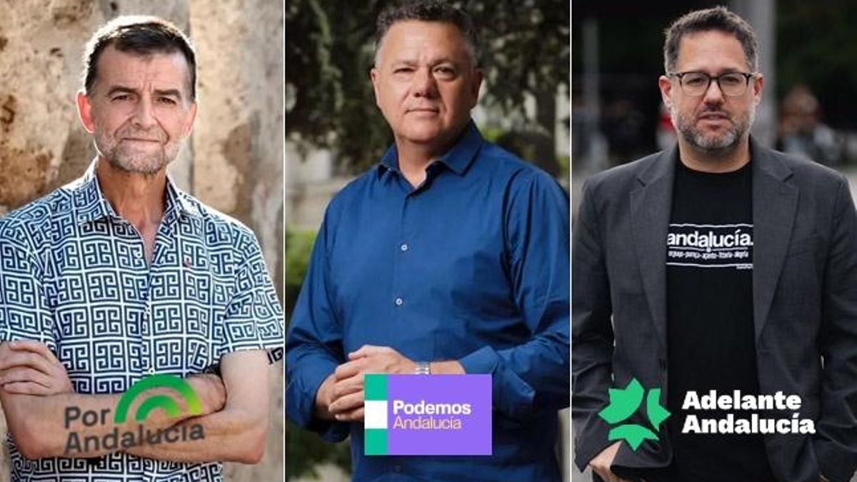 De izquierda a derecha, los tres candidatos de las tres marcas a la izquierda del PSOE en Andalucía: Antonio Maíllo, de Por Andalucía; Juan Antonio Delgado, de Podemos; y José Ignacio García, de Adelante Andalucía.