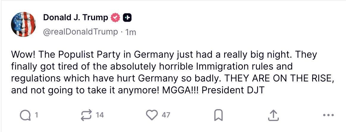 Truth Social de Trump sobre AfD.