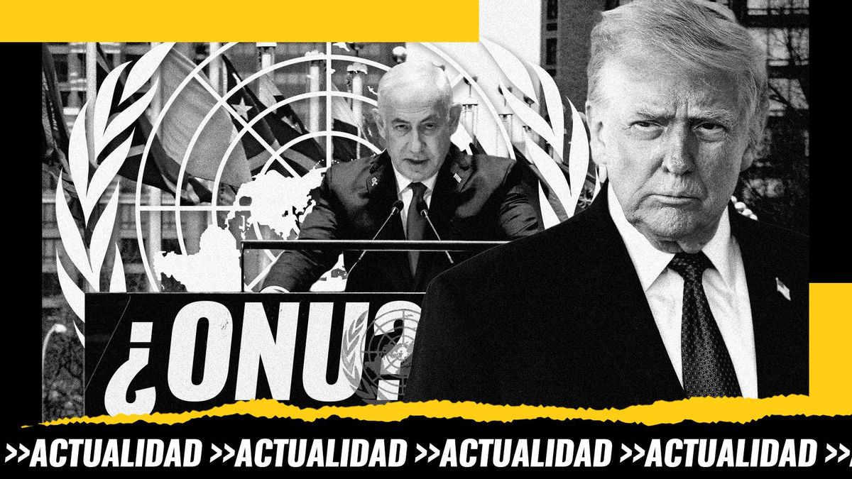 Montaje: a la dcha. Donald Trump, sobre una foto de Benjamín Netanyahu en la sede de la ONU, con el logo y las banderas de esta por detrás