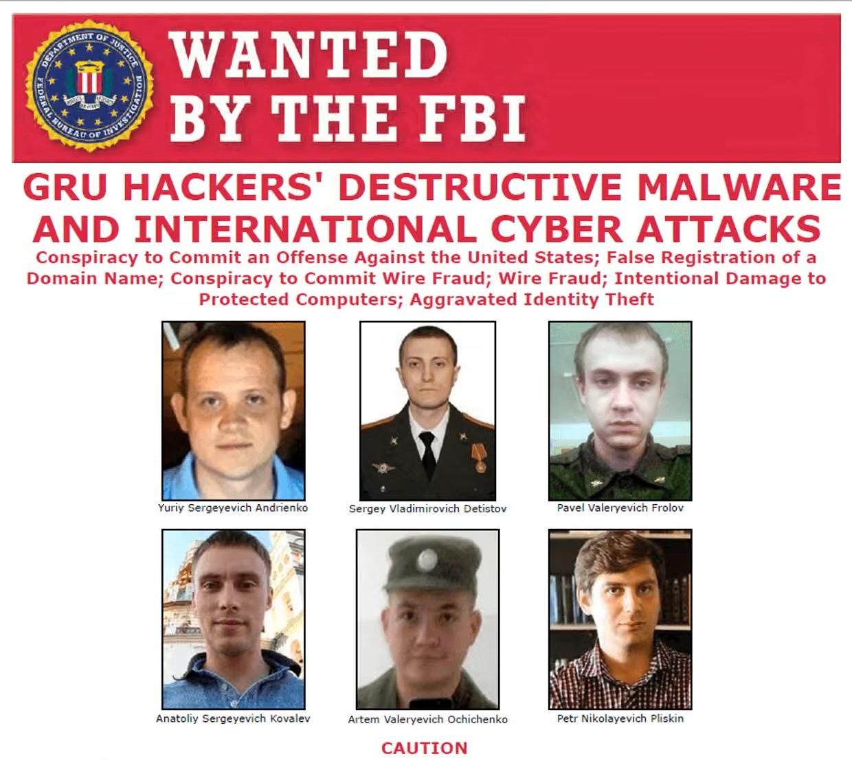 Cartel de 'Se busca' del FBI de 2023 para seis miembros de la Unidad 74455 del GRU, conocida como Sandworm.