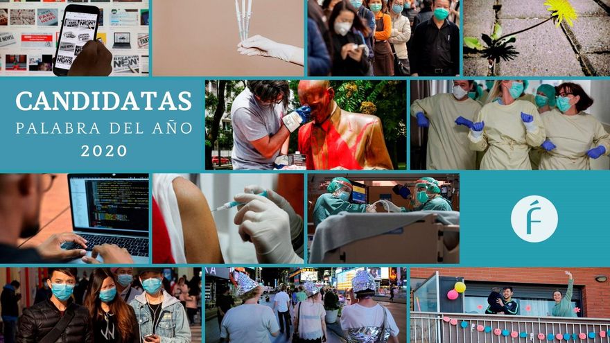 Combo de imágenes que representan las candidatas a palabra del año 2020 de la Fundación del Español Urgente (FundéuRAE). "Coronavirus", "infodemia", "resiliencia" o "confinamiento" son algunas de las candidatas. EFE/