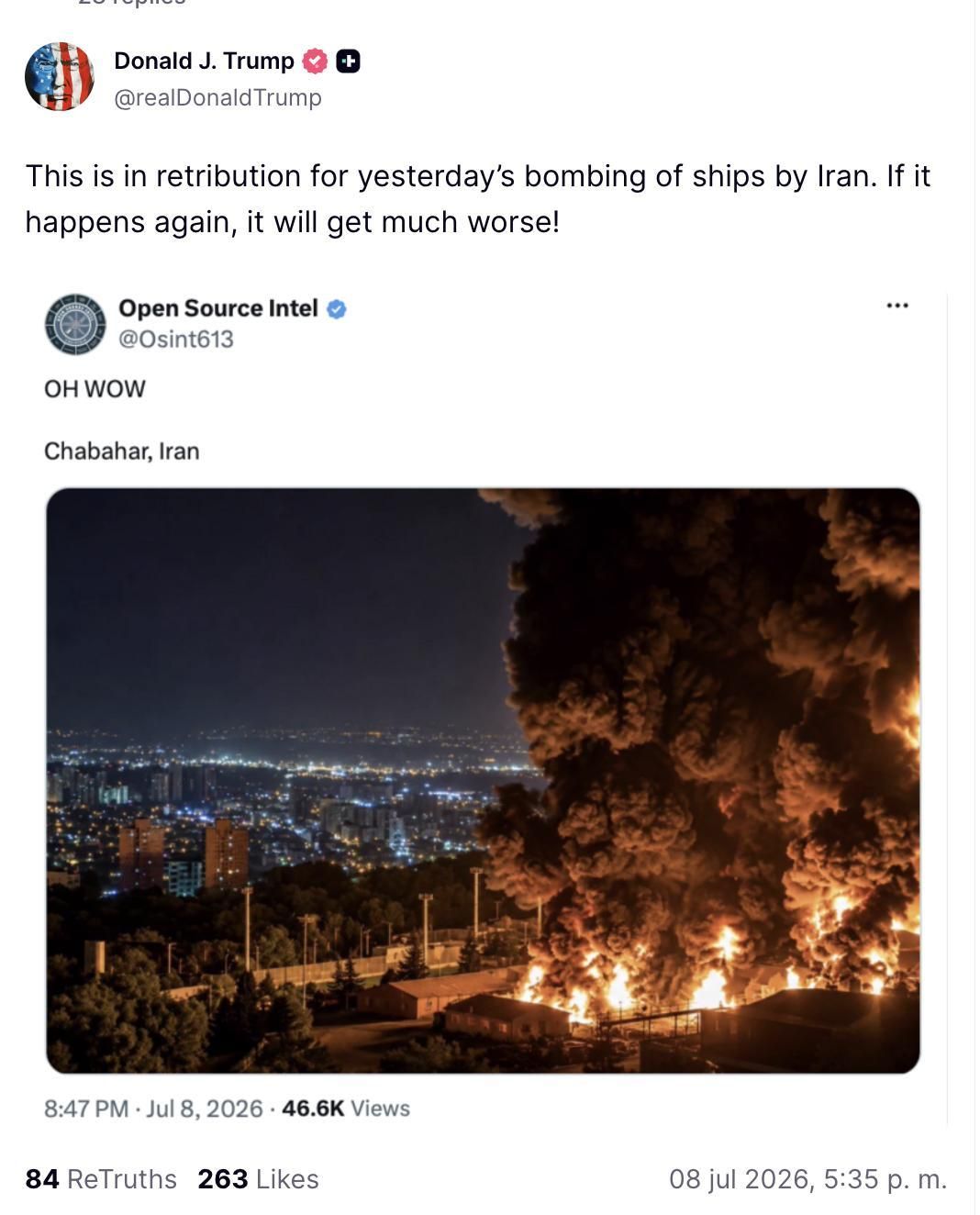 Truth Social de Trump sobre Irán.