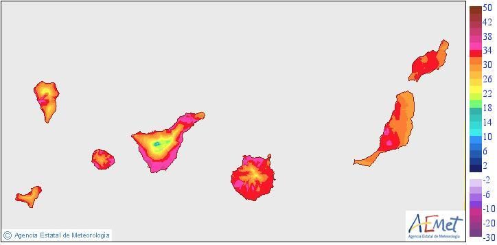 Mapa de temperaturas previstas para este miércoles en Canarias, con prácticamente todo el archipiélago por encima de 30 grados