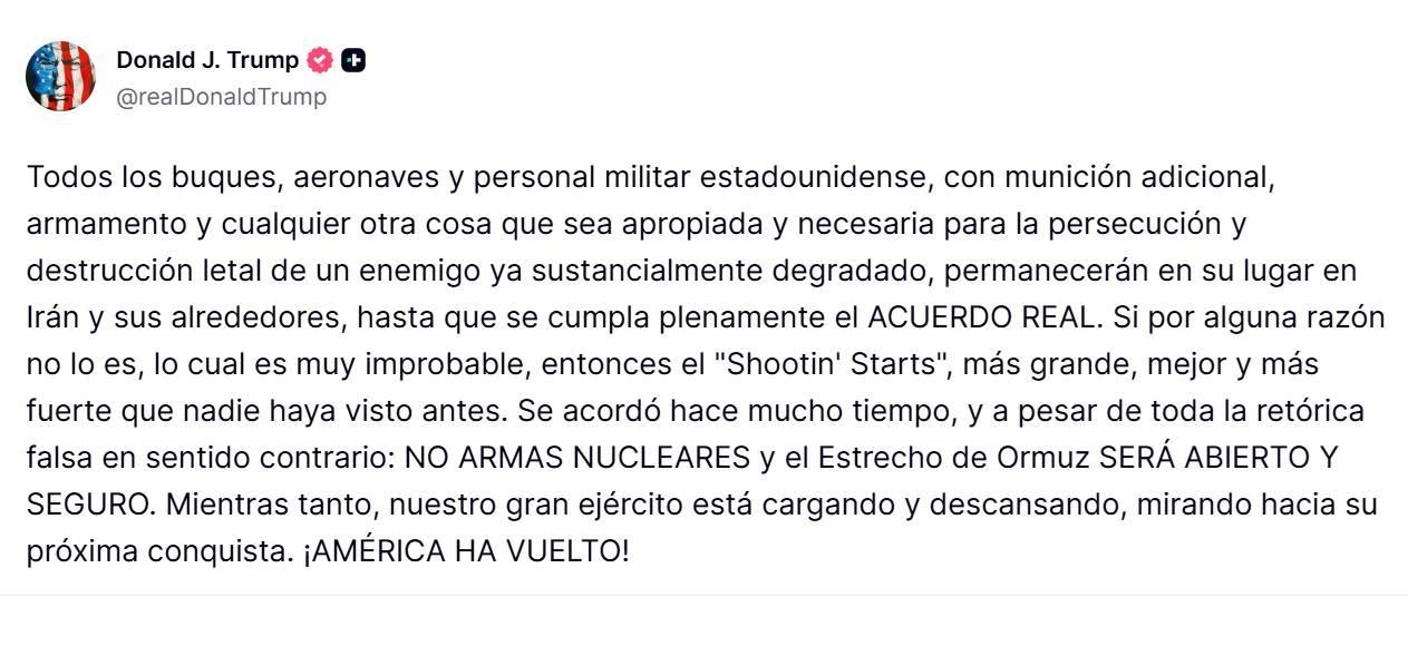 La advertencia de Trump a Irán en Truth Social.