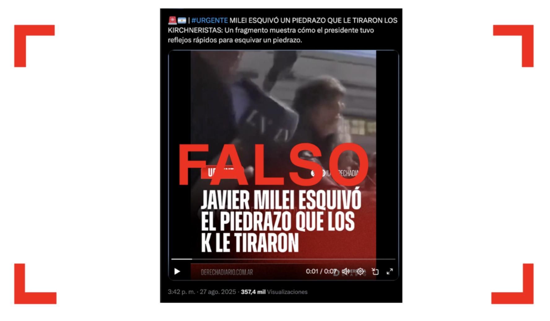 Es falso el video que circula de Javier Milei esquivando un piedrazo.