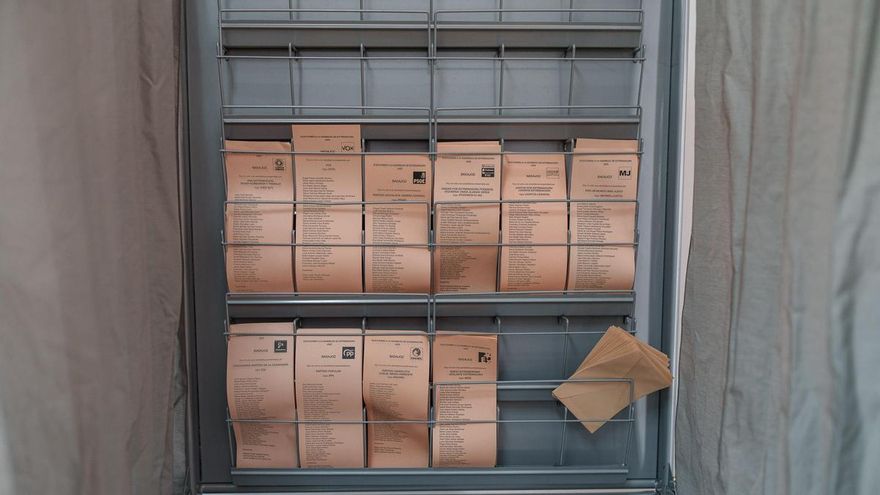 Papeletas electorales y sobres para las elecciones autonómicas extremeñas en un colegio electoral de Mérida, a 21 de diciembre de 2025